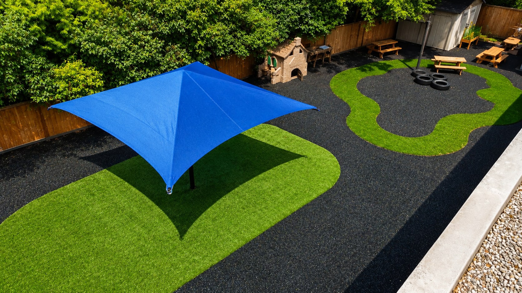 Shade structures over a rubber surfaced play area