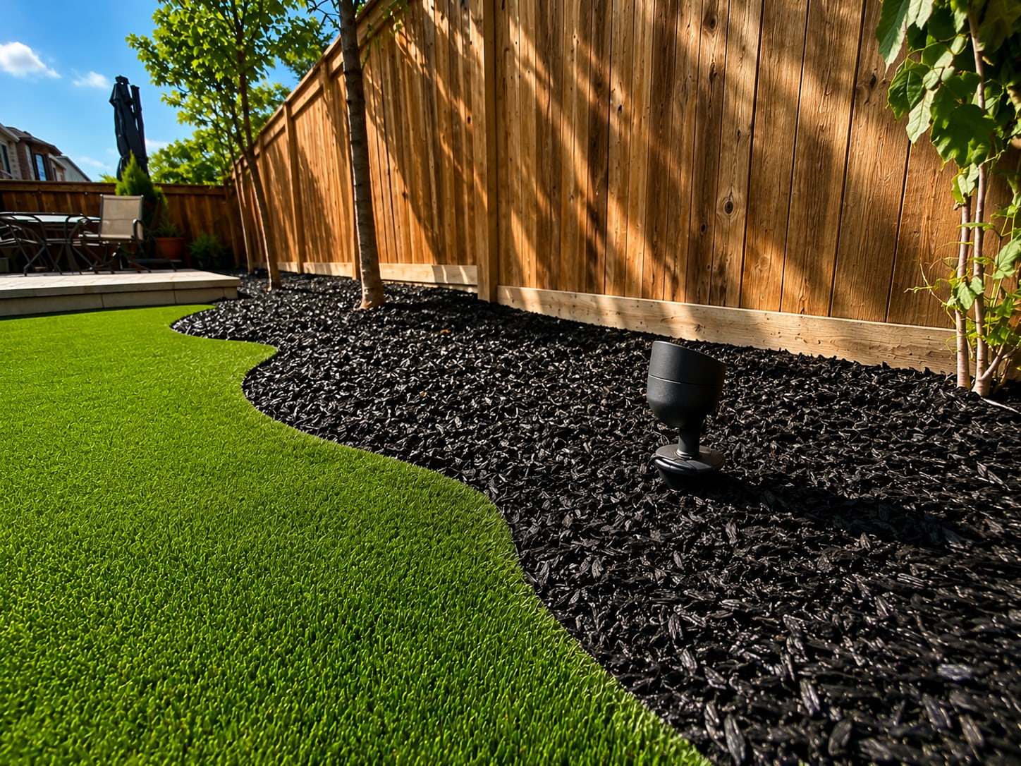 Black rubber mulch covering a tree-lined garden bed