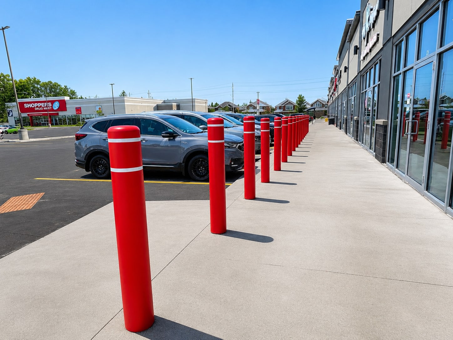 Red bollards on a commercial walkway