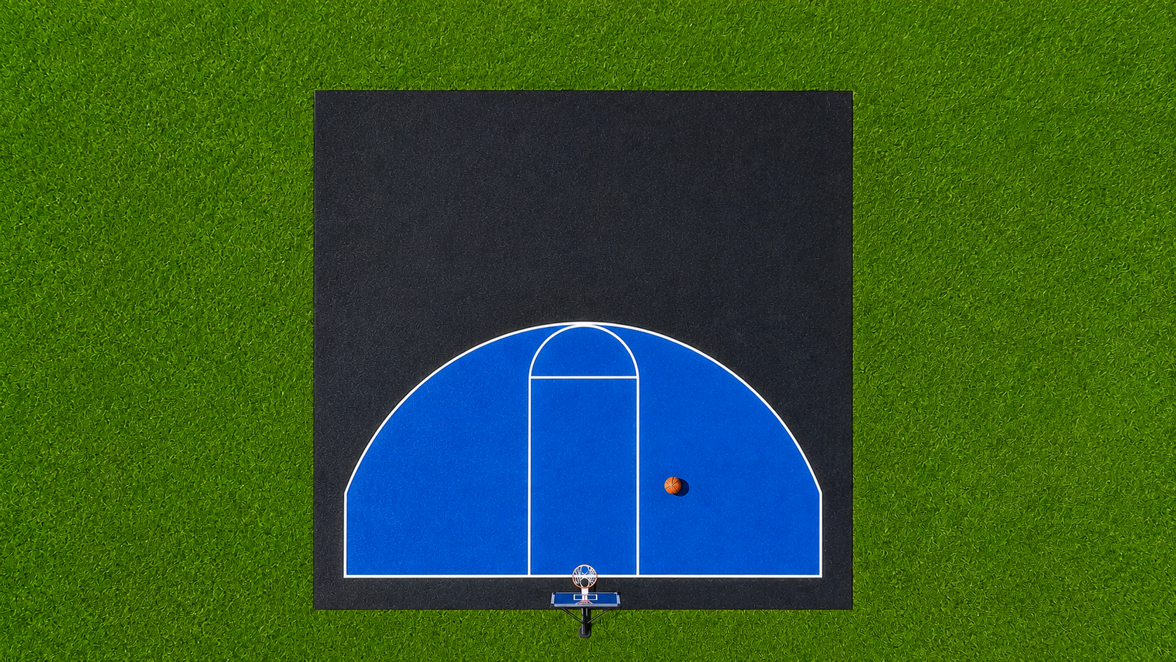 Aerial view of a backyard basketball half-court