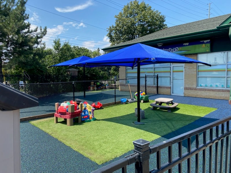 Blue sun shade with turf at a daycare