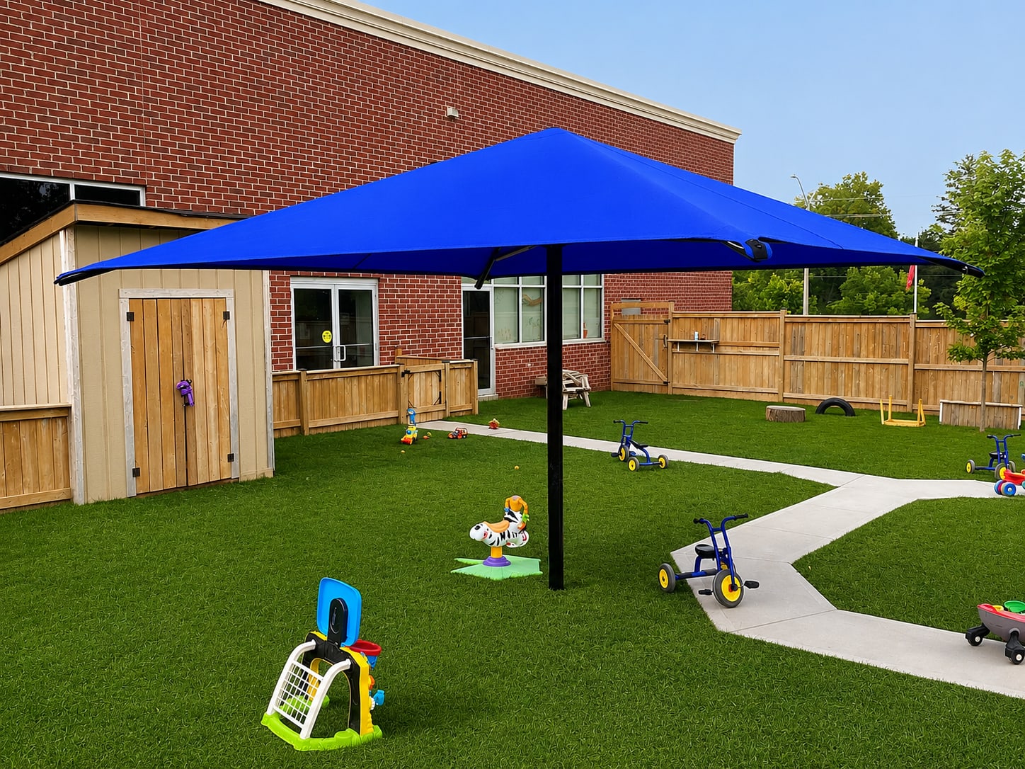 Blue sun shade at a daycare play area