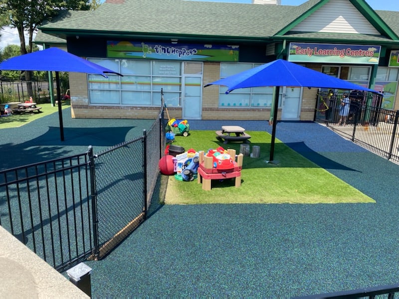 Blue sun shade with green artificial turf