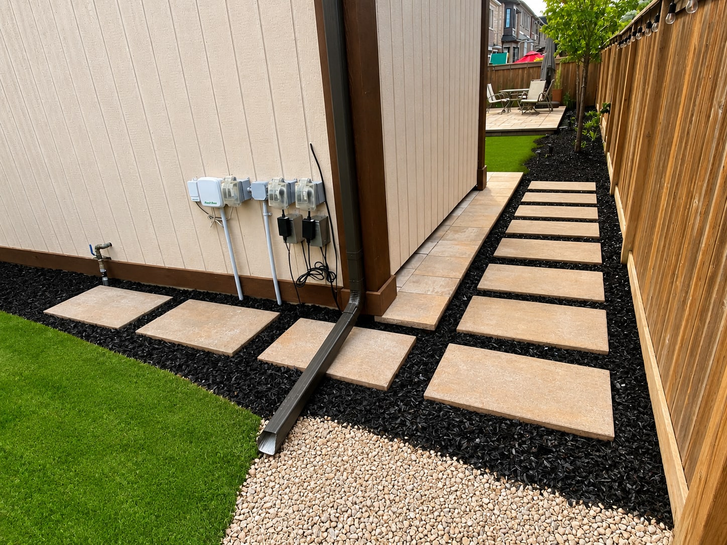 Rubber mulch with stepping stone garden