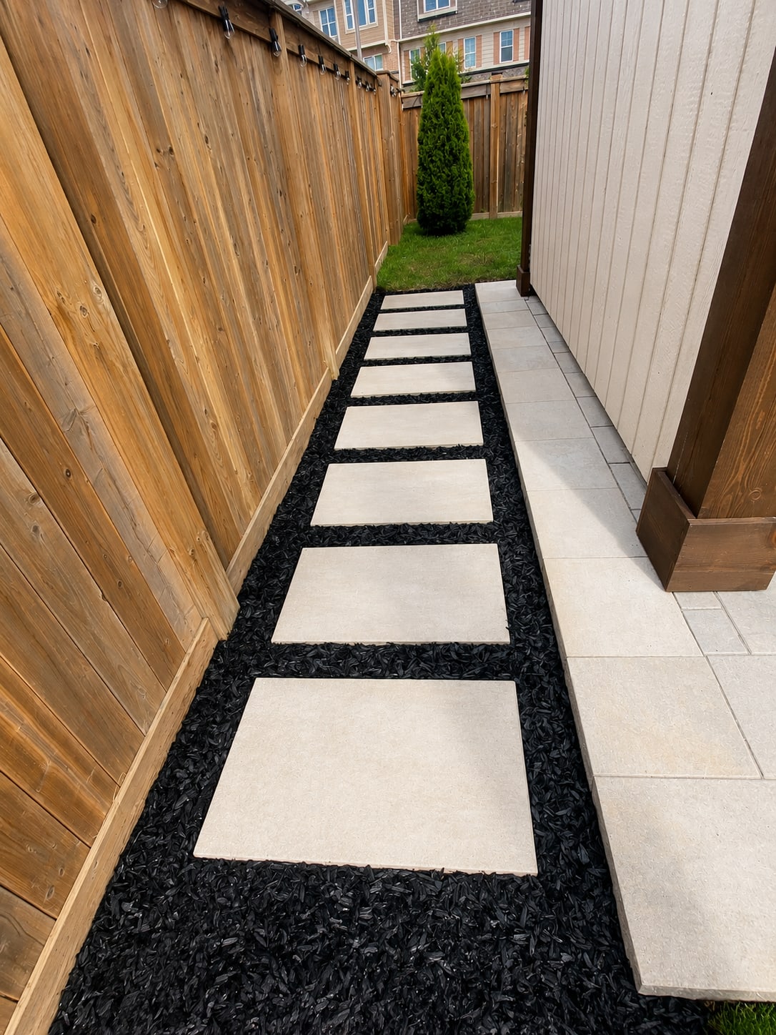 Stepping stones and rubber mulch side garden